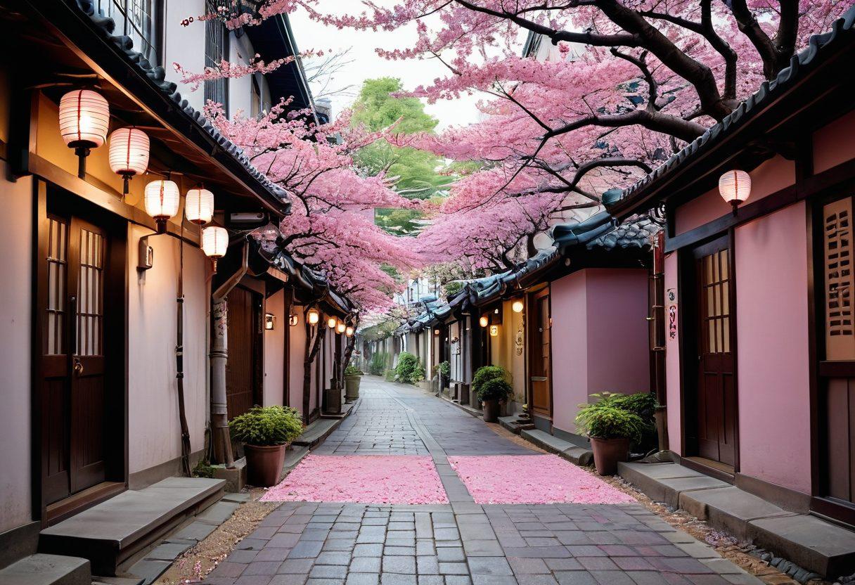 An enchanting scene featuring a vibrant, pastel-colored Japanese alley filled with cute, cartoonish characters in playful poses. Incorporate elements of soft pink cherry blossoms and whimsical decorations, blending traditional Japanese aesthetics with a touch of modern eroticism, while maintaining a playful charm. Include hints of anime-style illustrations on shop signs, with subtle hints of adult themes represented artistically. super-realistic. vibrant colors. digital illustration.